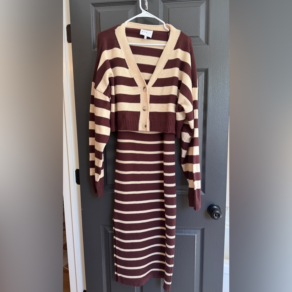 MABLE Brown and Cream Striped Pencil Skirt - Picture 2 of 9